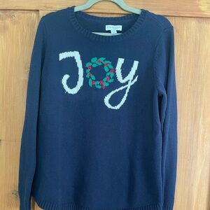 Kim Rogers Petite Navy Blue Beaded Joy Christmas Wreath Pullover Sweater PL